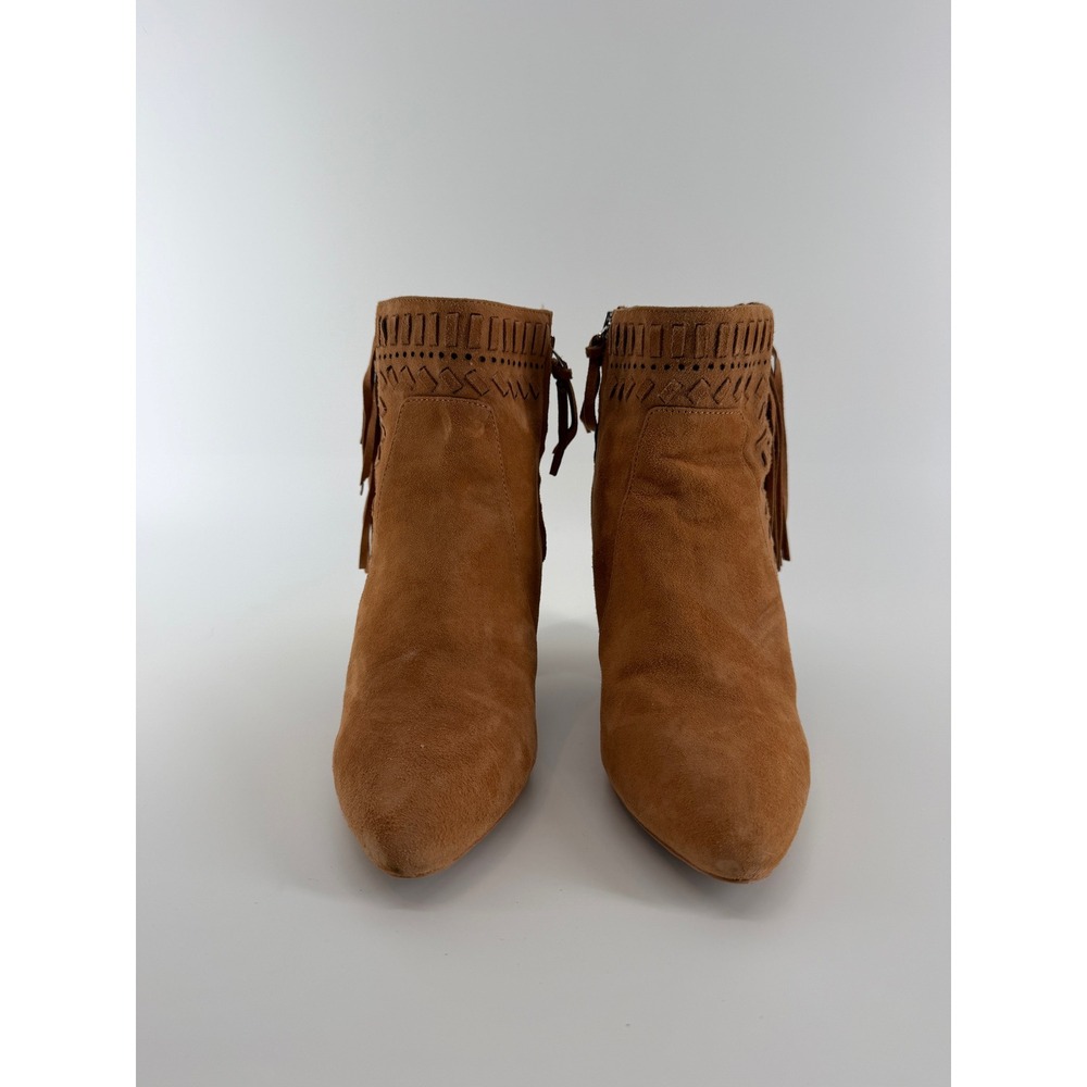 Tan Suede Fringe Western Ankle Boots Laser Cut Block Heel Pointed Toe Womens 8.5